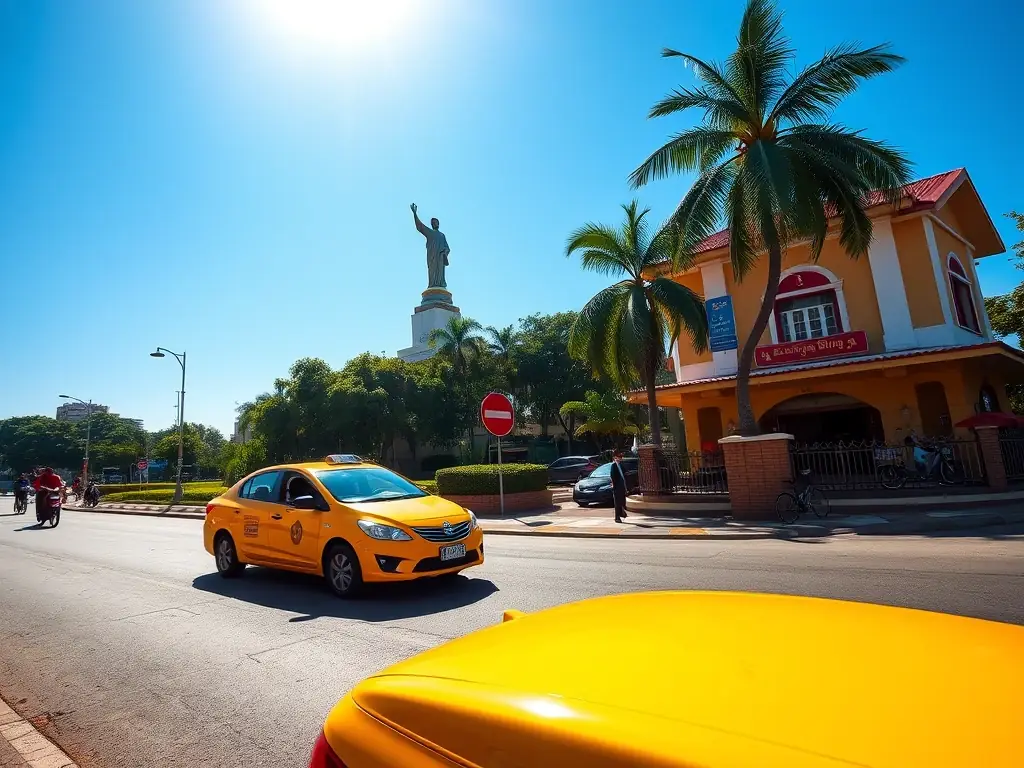 A vibrant image showcasing a Taxi Vũng Tàu cab driving past the iconic Christ the King statue in Vũng Tàu during a sunny day.