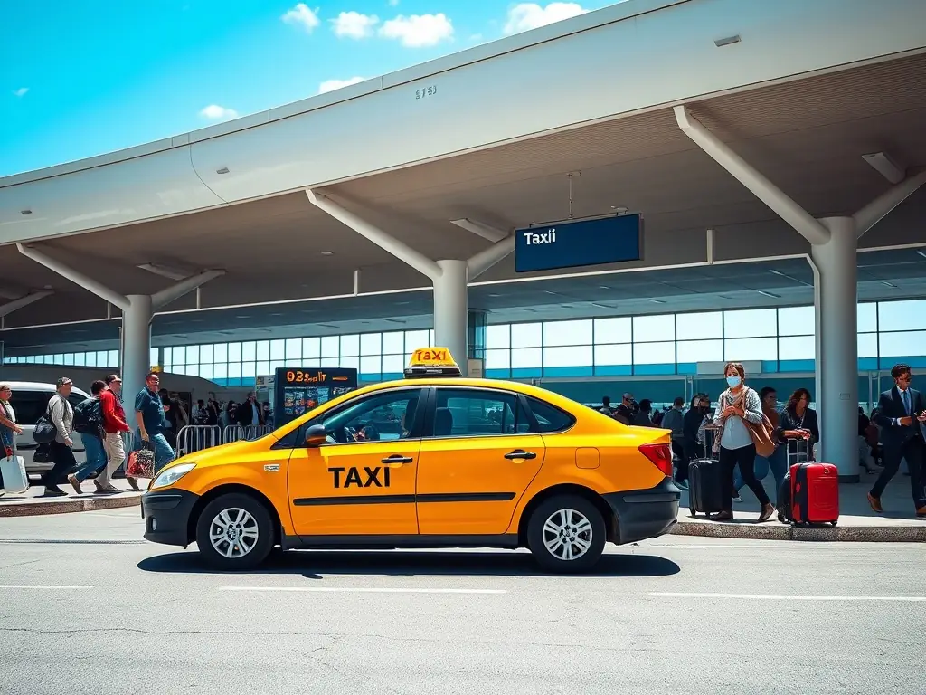 A modern taxi cab at the Vũng Tàu International Airport, with passengers exiting and luggage being loaded, under a sunny sky.