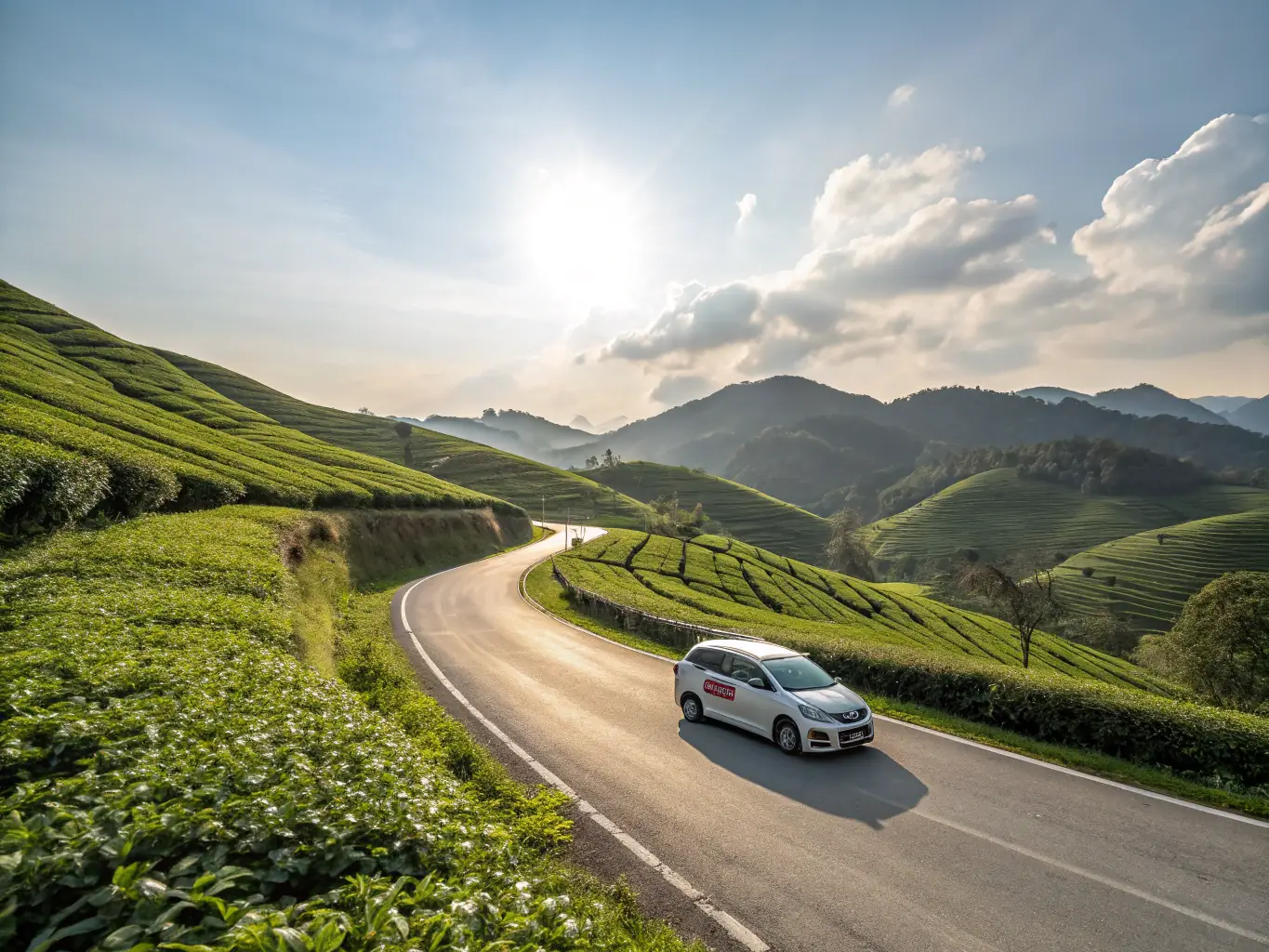 A comfortable Taxi Vũng Tàu vehicle on a highway, traveling between Vũng Tàu and a neighboring city, with scenic landscapes in the background.